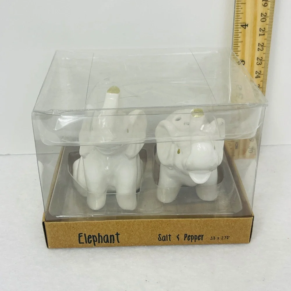 White Ceramic Elephant Salt and Pepper Shaker Set Gold Accents New in Box